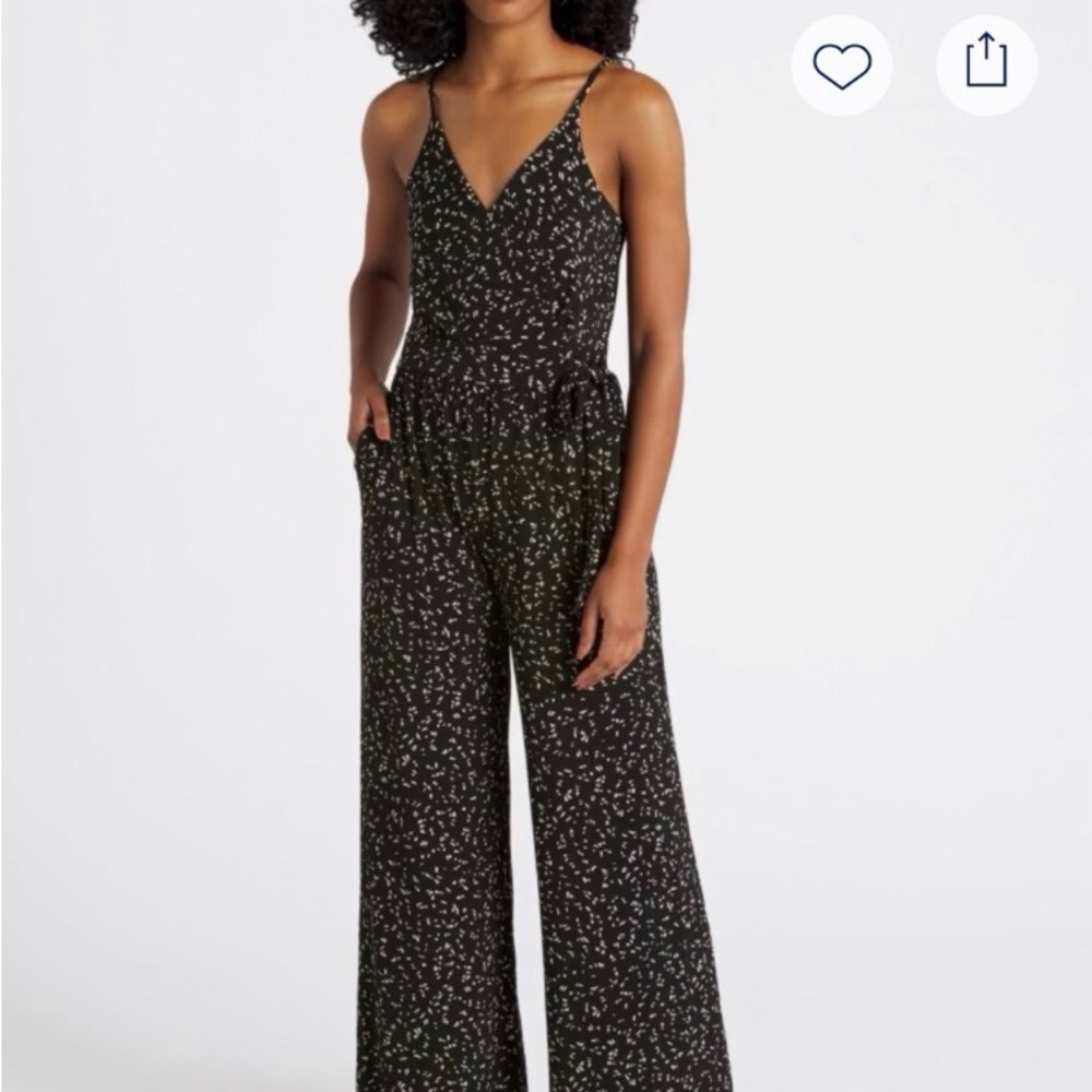 Kaileigh Black Spaghetti-Strap Wide-Leg Jumpsuit with White Print
